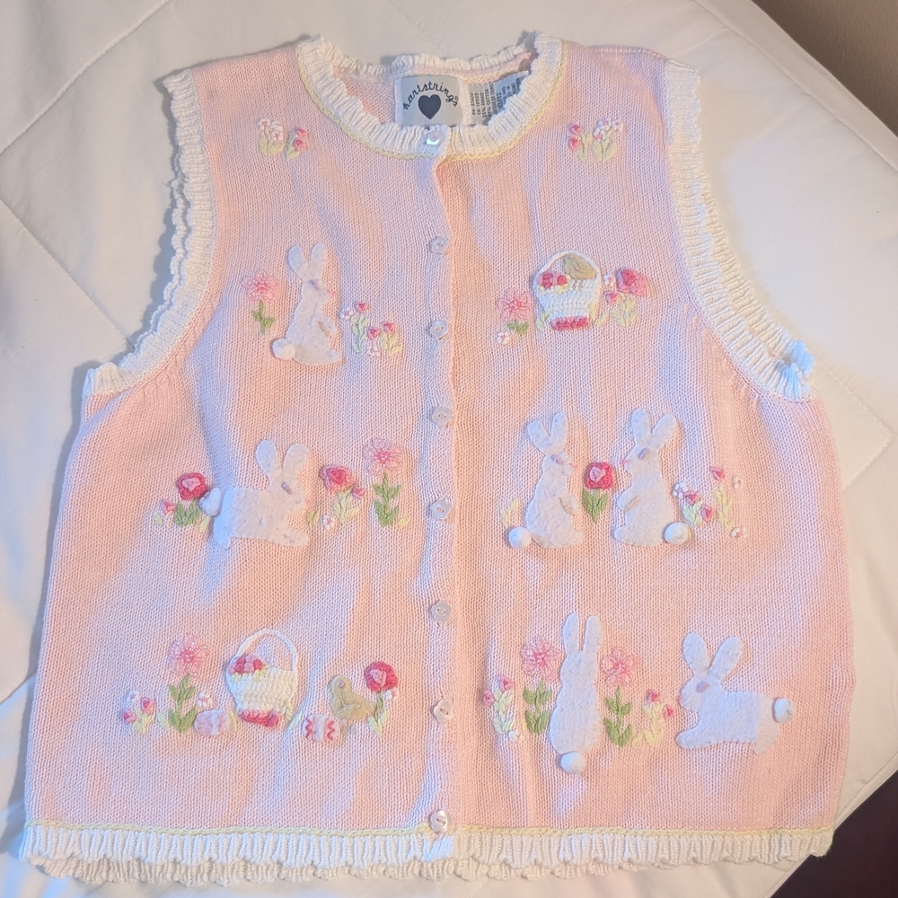 Easter Vest Knit And Embroidered Pink Bunnies And Baskets
